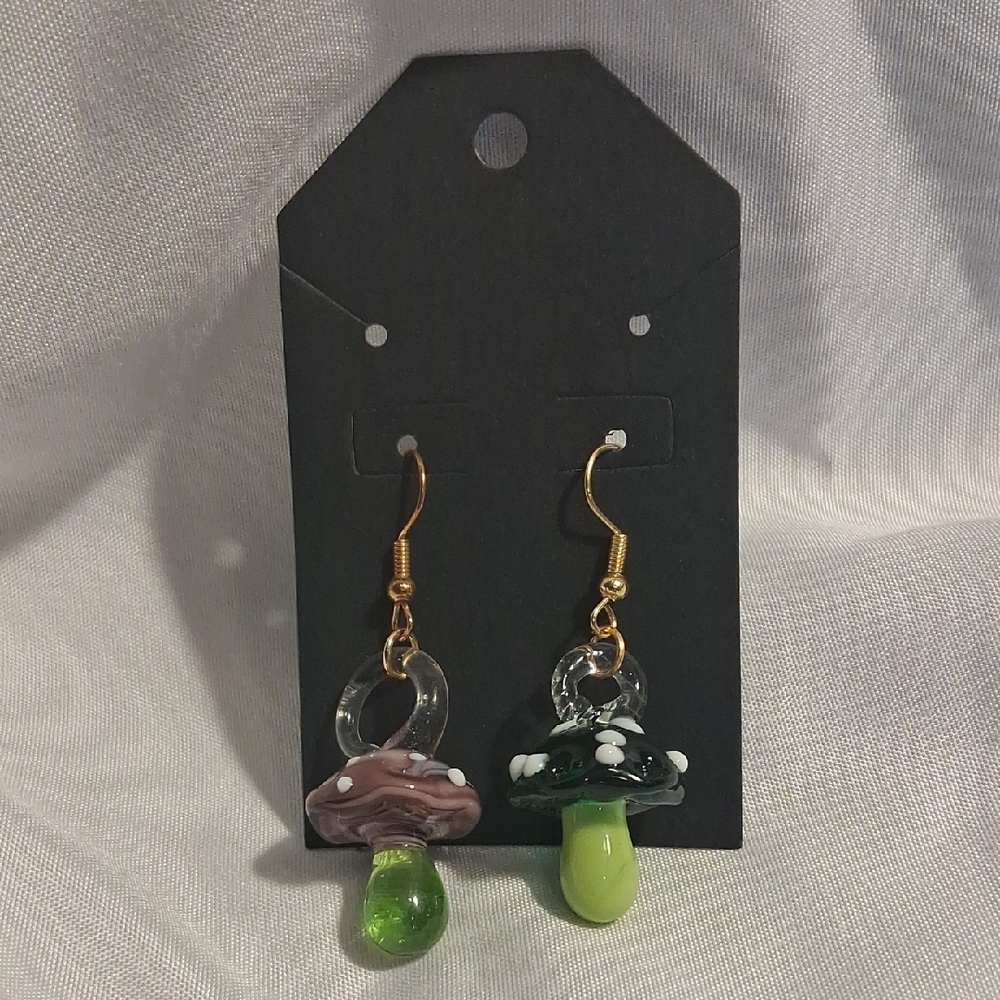 Mushroom Glass Earrings - Green and Purple